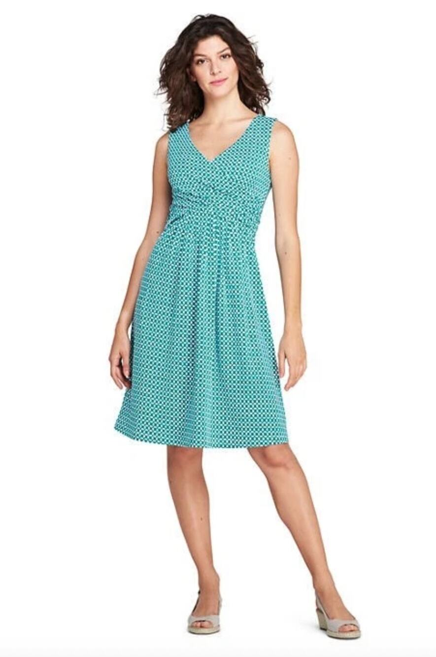 ⁠Lands' End V-Neck Sleeveless Faux Wrap Fit & Flare Jersey Dress Size M Colorful